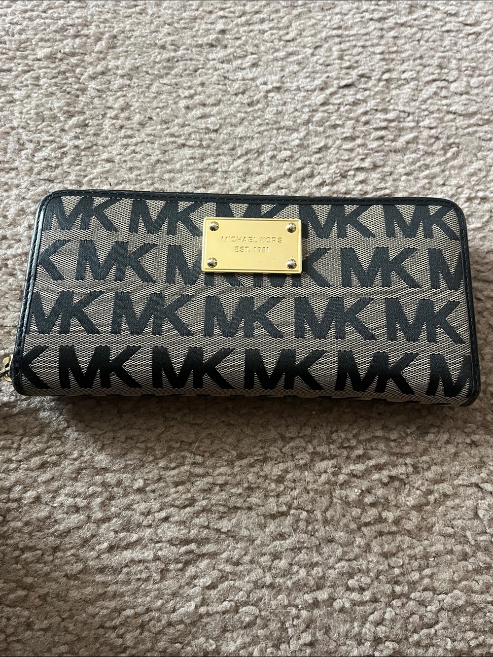 Michael Kors Black Logo Zip-Around Wallet with Gold Plaque